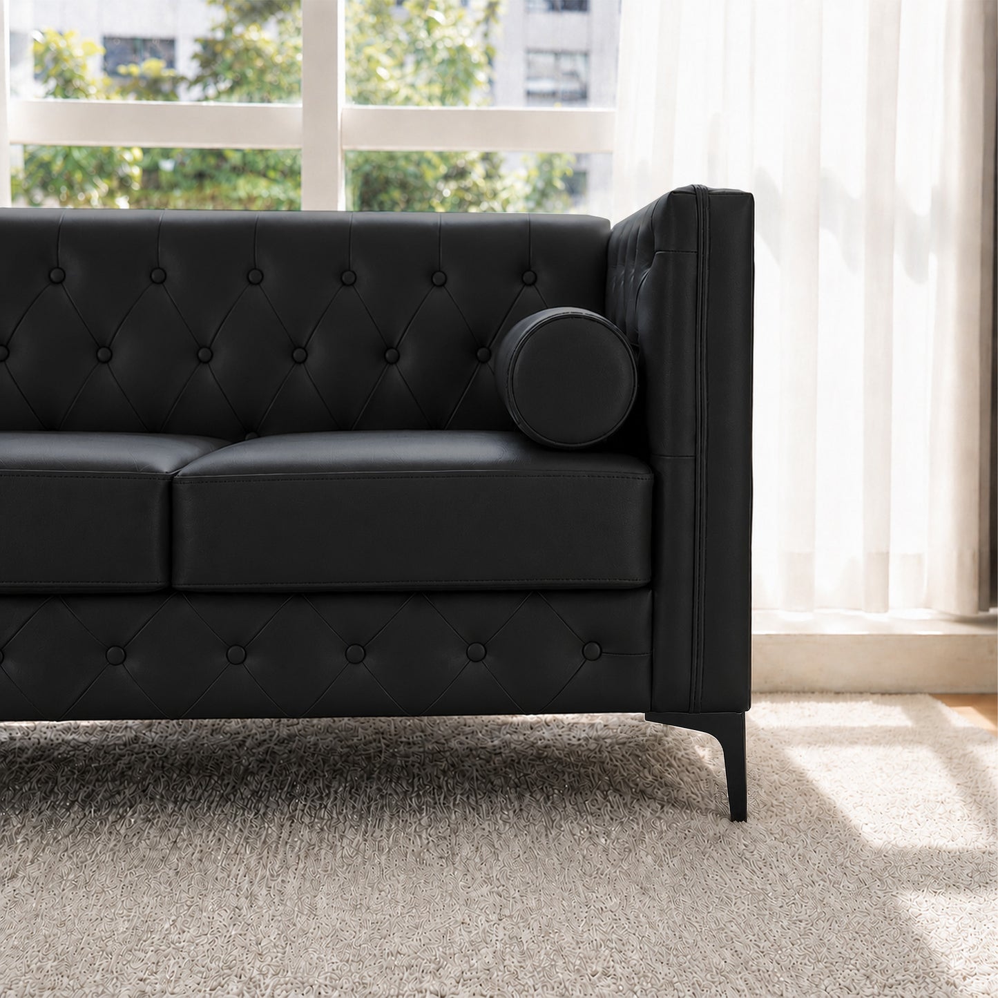 Black Faux Leather Sofa, Elegant 3-Seater Tufted Couch with Gold Metal Legs, Bolster Pillows and Pocket Spring Support for Living Room