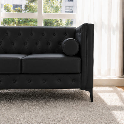 Black Faux Leather Sofa, Elegant 3-Seater Tufted Couch with Gold Metal Legs, Bolster Pillows and Pocket Spring Support for Living Room