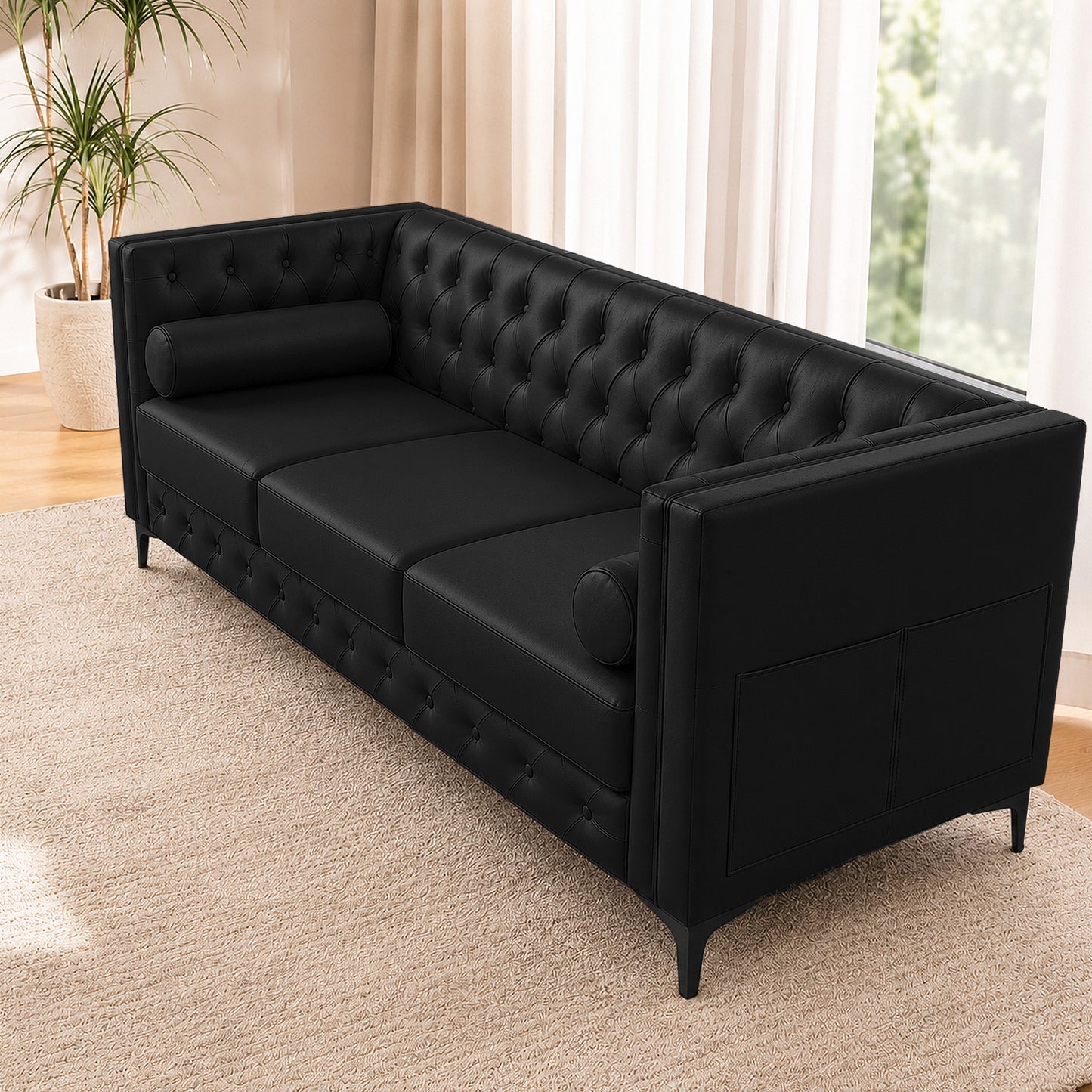 Black Faux Leather Sofa, Elegant 3-Seater Tufted Couch with Gold Metal Legs, Bolster Pillows and Pocket Spring Support for Living Room
