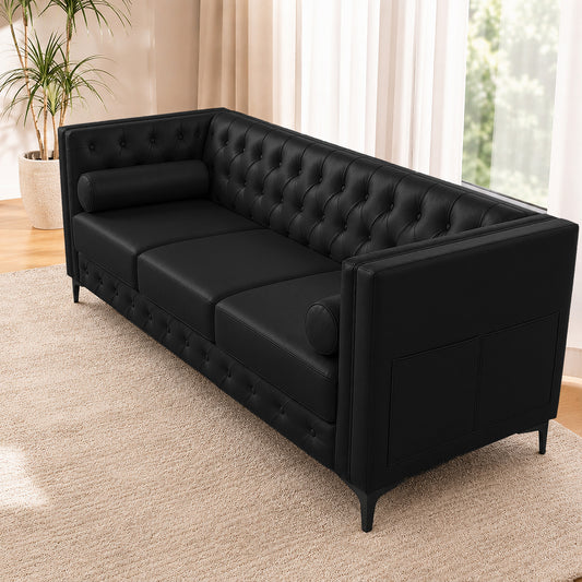 Black Faux Leather Sofa, Elegant 3-Seater Tufted Couch with Gold Metal Legs, Bolster Pillows and Pocket Spring Support for Living Room