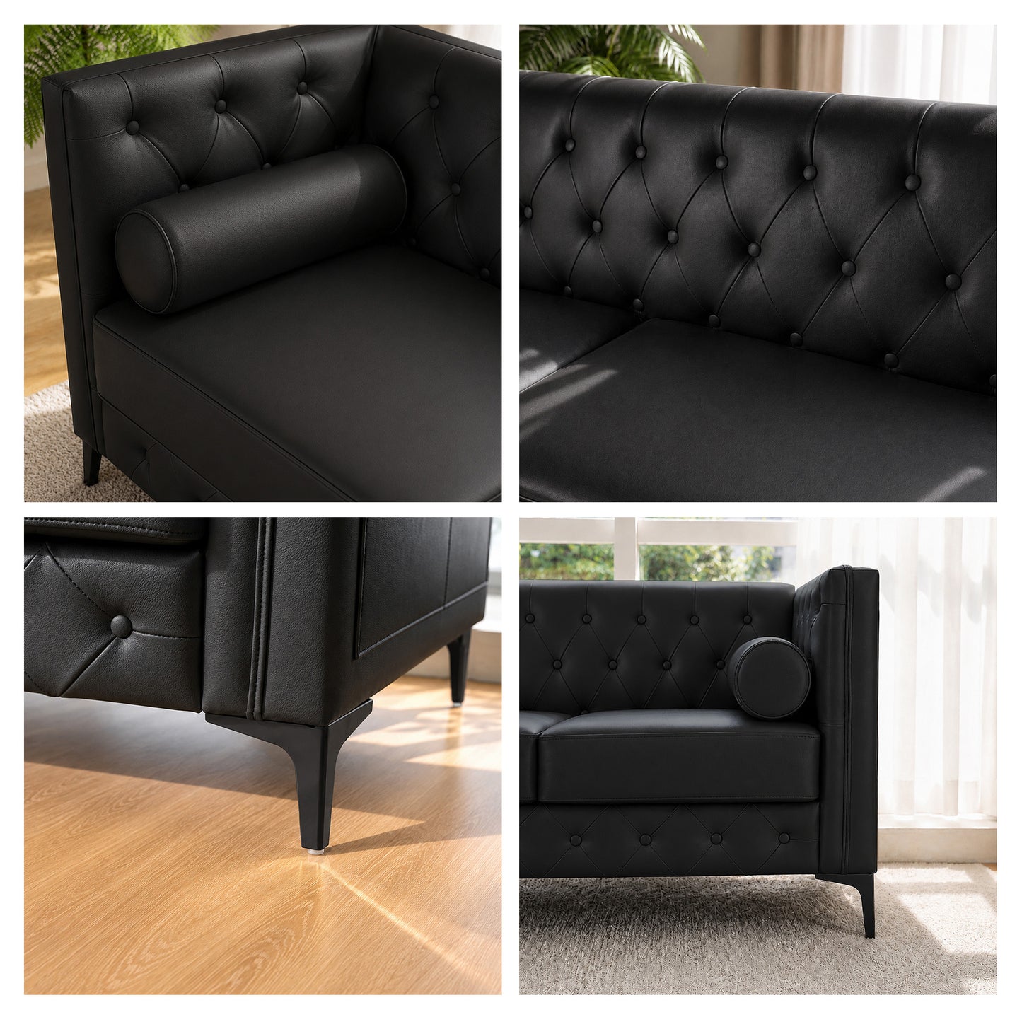 Black Faux Leather Sofa, Elegant 3-Seater Tufted Couch with Gold Metal Legs, Bolster Pillows and Pocket Spring Support for Living Room