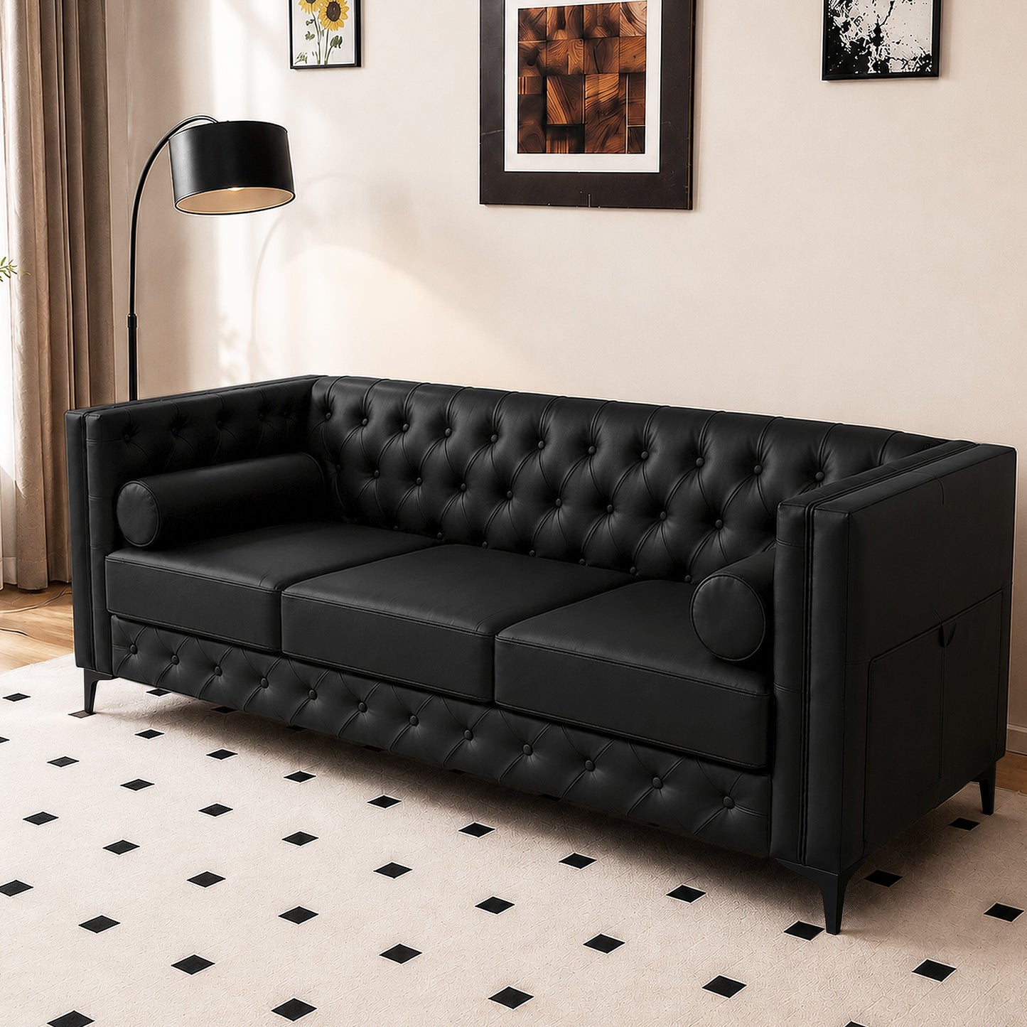 Black Faux Leather Sofa, Elegant 3-Seater Tufted Couch with Gold Metal Legs, Bolster Pillows and Pocket Spring Support for Living Room