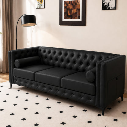 Black Faux Leather Sofa, Elegant 3-Seater Tufted Couch with Gold Metal Legs, Bolster Pillows and Pocket Spring Support for Living Room