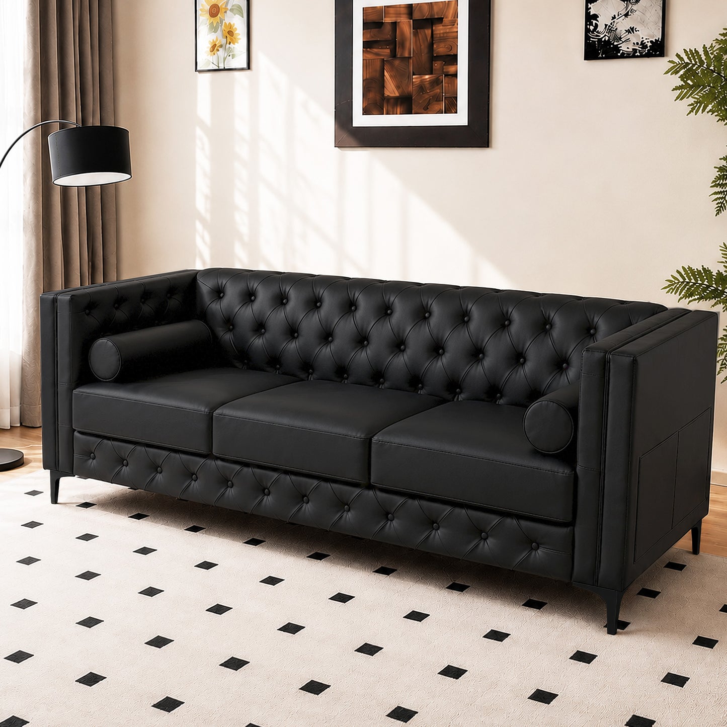 Black Faux Leather Sofa, Elegant 3-Seater Tufted Couch with Gold Metal Legs, Bolster Pillows and Pocket Spring Support for Living Room