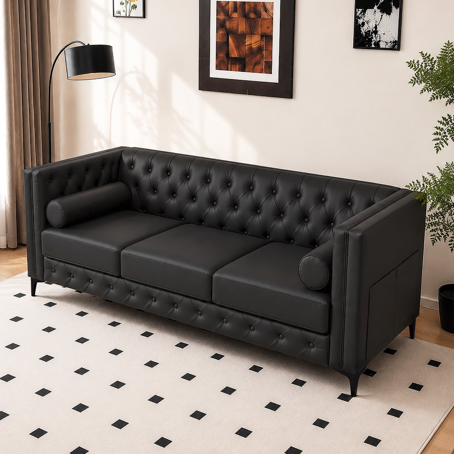Black Faux Leather Sofa, Elegant 3-Seater Tufted Couch with Gold Metal Legs, Bolster Pillows and Pocket Spring Support for Living Room