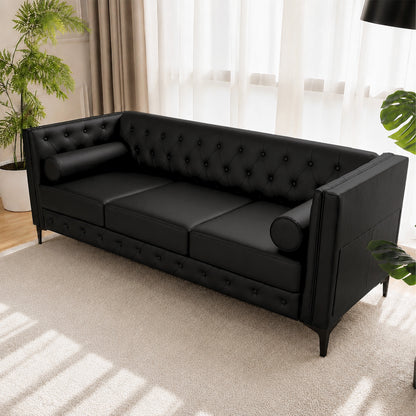 Black Faux Leather Sofa, Elegant 3-Seater Tufted Couch with Gold Metal Legs, Bolster Pillows and Pocket Spring Support for Living Room