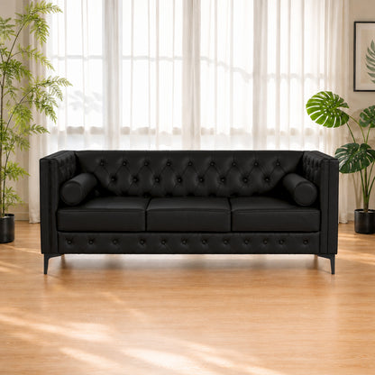 Black Faux Leather Sofa, Elegant 3-Seater Tufted Couch with Gold Metal Legs, Bolster Pillows and Pocket Spring Support for Living Room