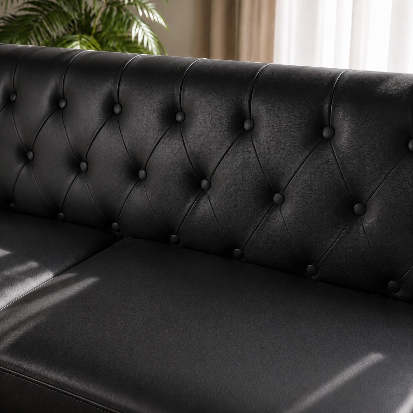Black Faux Leather Sofa, Elegant 3-Seater Tufted Couch with Gold Metal Legs, Bolster Pillows and Pocket Spring Support for Living Room