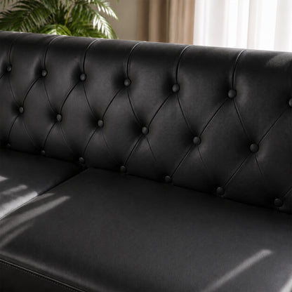 Black Faux Leather Sofa, Elegant 3-Seater Tufted Couch with Gold Metal Legs, Bolster Pillows and Pocket Spring Support for Living Room