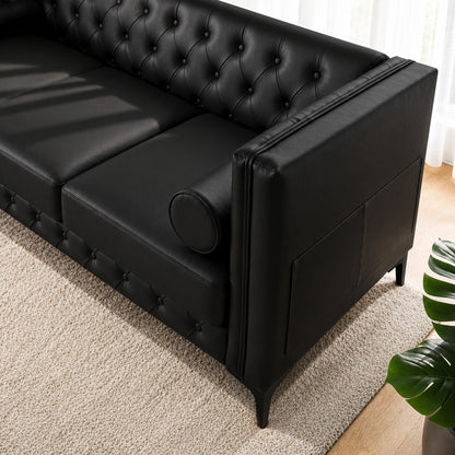 Black Faux Leather Sofa, Elegant 3-Seater Tufted Couch with Gold Metal Legs, Bolster Pillows and Pocket Spring Support for Living Room