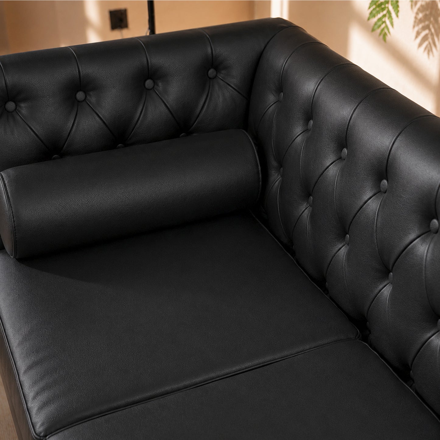 Black Faux Leather Sofa, Elegant 3-Seater Tufted Couch with Gold Metal Legs, Bolster Pillows and Pocket Spring Support for Living Room