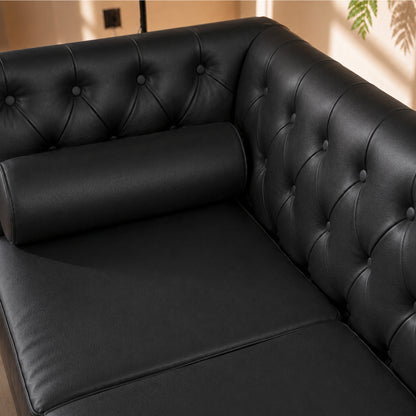 Black Faux Leather Sofa, Elegant 3-Seater Tufted Couch with Gold Metal Legs, Bolster Pillows and Pocket Spring Support for Living Room