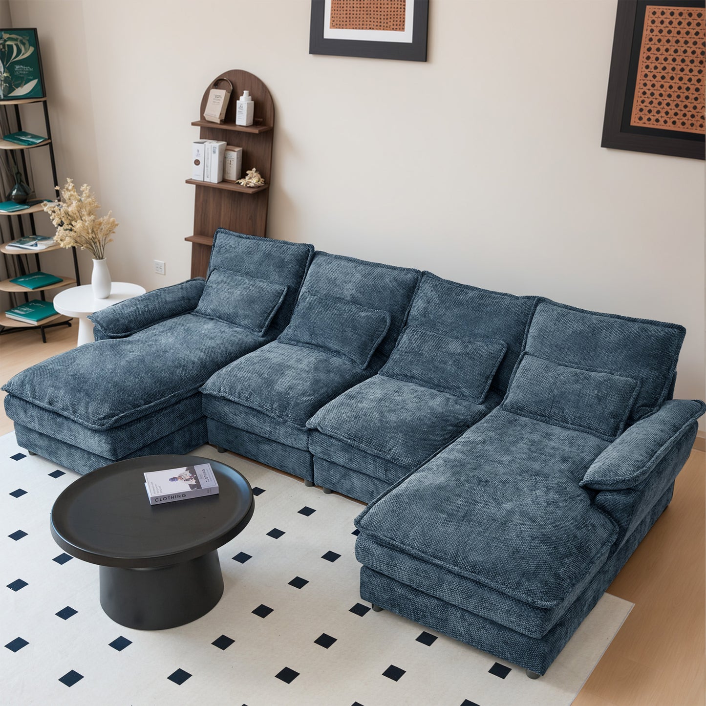 Blue Chenille U-Shape Modular Sofa - 4-Seat Soft Sectional with Legs, Easy Assembly & Space-Saving Design for Living Room