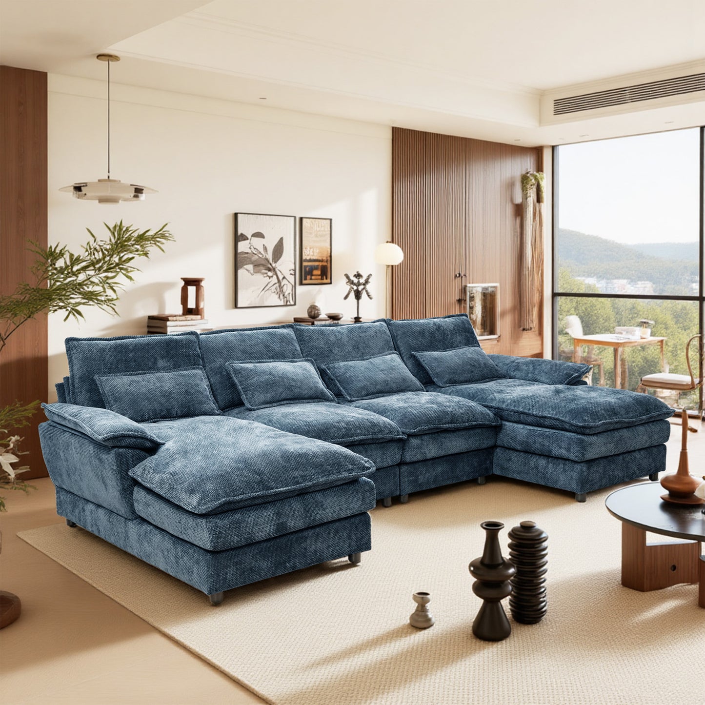 Blue Chenille U-Shape Modular Sofa - 4-Seat Soft Sectional with Legs, Easy Assembly & Space-Saving Design for Living Room