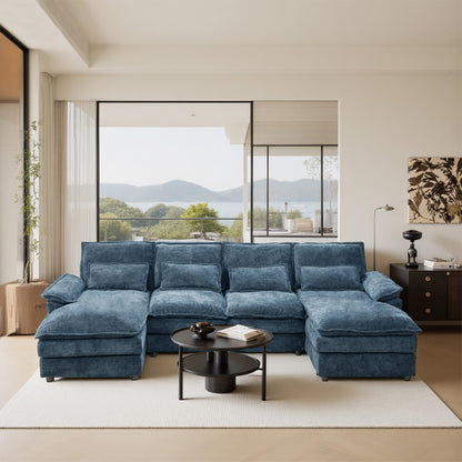 Blue Chenille U-Shape Modular Sofa - 4-Seat Soft Sectional with Legs, Easy Assembly & Space-Saving Design for Living Room