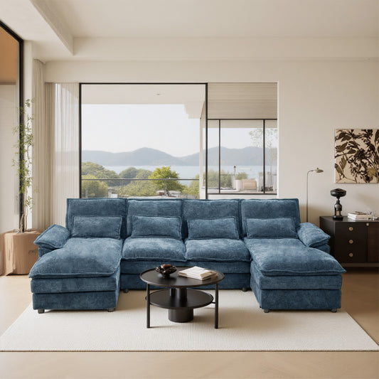 Blue Chenille U-Shape Modular Sofa - 4-Seat Soft Sectional with Legs, Easy Assembly & Space-Saving Design for Living Room