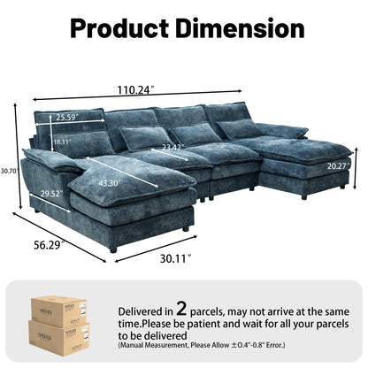 Blue Chenille U-Shape Modular Sofa - 4-Seat Soft Sectional with Legs, Easy Assembly & Space-Saving Design for Living Room