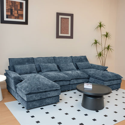Blue Chenille U-Shape Modular Sofa - 4-Seat Soft Sectional with Legs, Easy Assembly & Space-Saving Design for Living Room