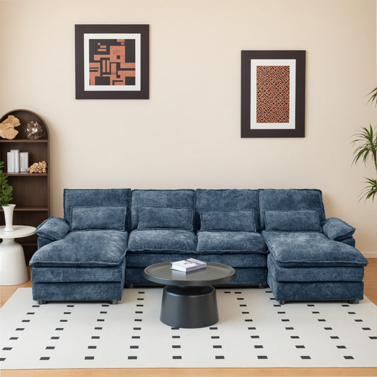 Blue Chenille U-Shape Modular Sofa - 4-Seat Soft Sectional with Legs, Easy Assembly & Space-Saving Design for Living Room