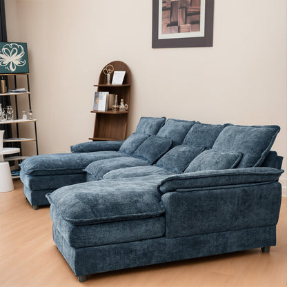 Blue Chenille U-Shape Modular Sofa - 4-Seat Soft Sectional with Legs, Easy Assembly & Space-Saving Design for Living Room