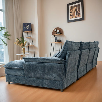 Blue Chenille U-Shape Modular Sofa - 4-Seat Soft Sectional with Legs, Easy Assembly & Space-Saving Design for Living Room