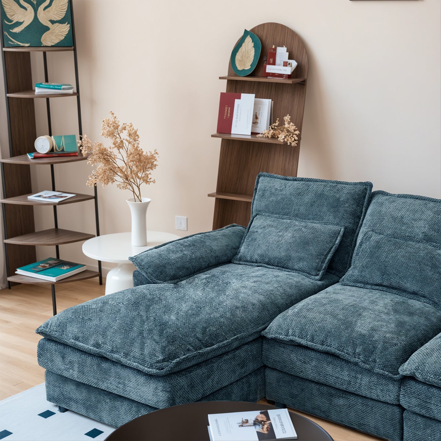 Blue Chenille U-Shape Modular Sofa - 4-Seat Soft Sectional with Legs, Easy Assembly & Space-Saving Design for Living Room