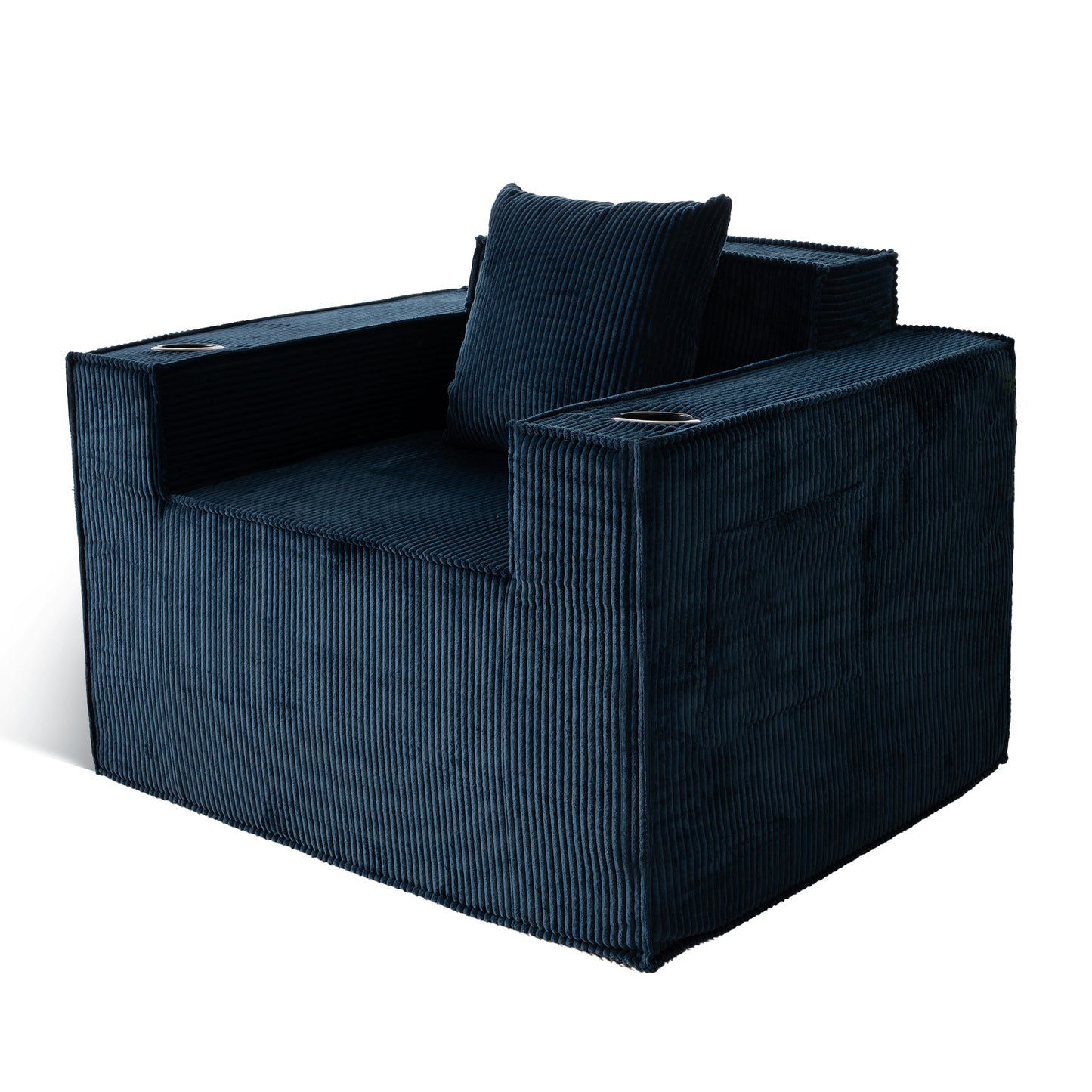 Blue Corduroy Single Sofa Chair – No Assembly, Self - Expanding with Cup Holders for Living Room