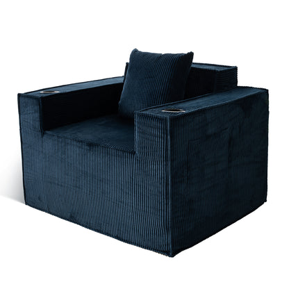 Blue Corduroy Single Sofa Chair – No Assembly, Self - Expanding with Cup Holders for Living Room