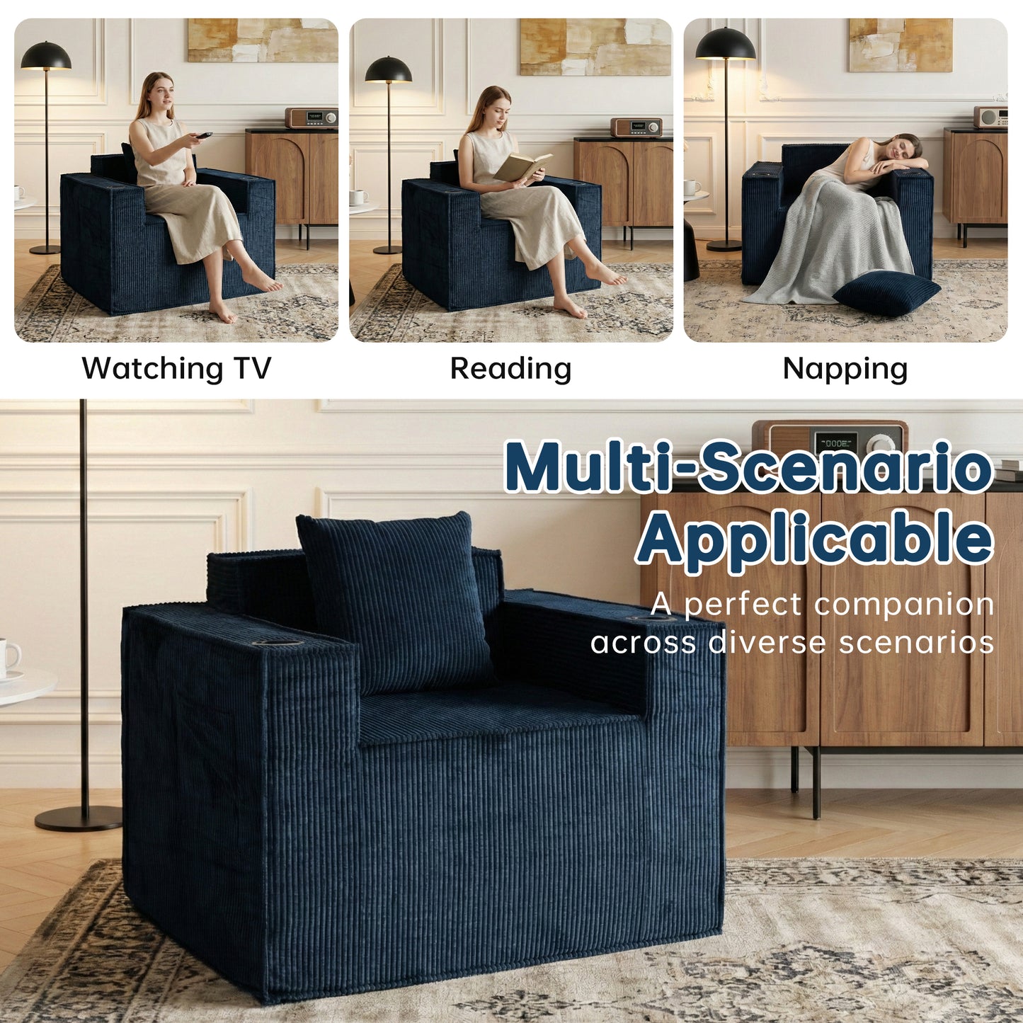 Blue Corduroy Single Sofa Chair – No Assembly, Self - Expanding with Cup Holders for Living Room