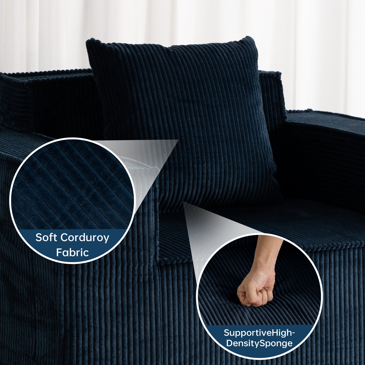 Blue Corduroy Single Sofa Chair – No Assembly, Self - Expanding with Cup Holders for Living Room