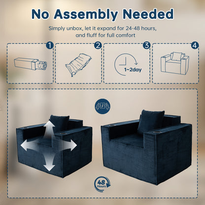 Blue Corduroy Single Sofa Chair – No Assembly, Self - Expanding with Cup Holders for Living Room
