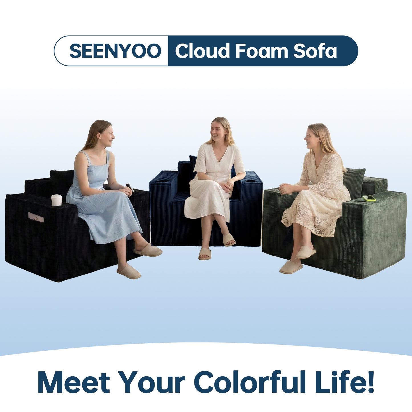 Blue Corduroy Single Sofa Chair – No Assembly, Self - Expanding with Cup Holders for Living Room