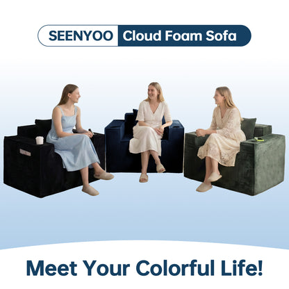 Blue Corduroy Single Sofa Chair – No Assembly, Self - Expanding with Cup Holders for Living Room