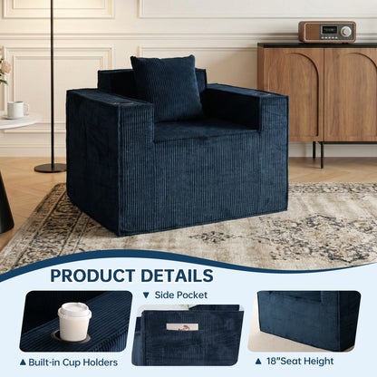 Blue Corduroy Single Sofa Chair – No Assembly, Self - Expanding with Cup Holders for Living Room