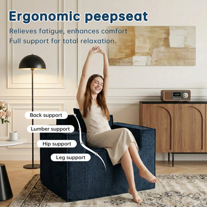 Blue Corduroy Single Sofa Chair – No Assembly, Self - Expanding with Cup Holders for Living Room