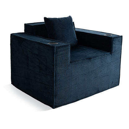 Blue Corduroy Single Sofa Chair – No Assembly, Self - Expanding with Cup Holders for Living Room