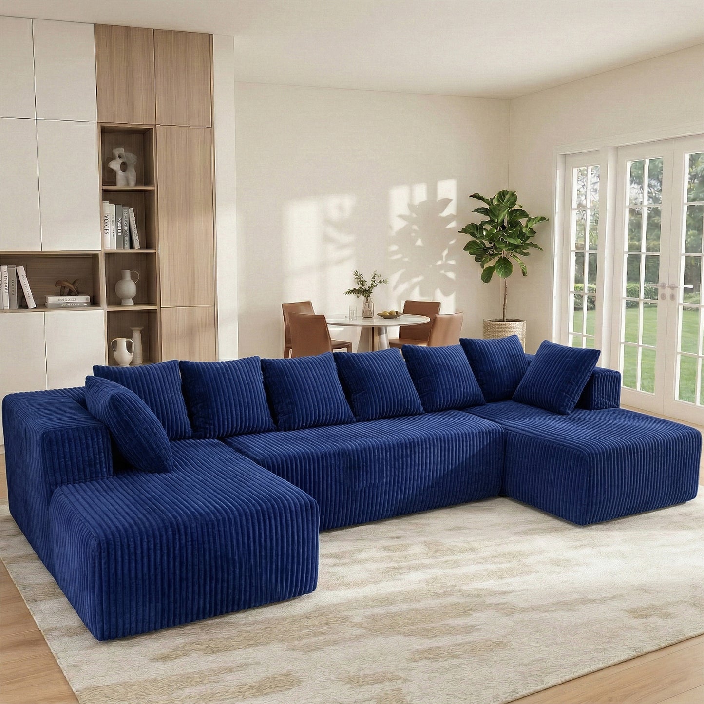 Blue Velvet Modular Corner Sofa 130" Large U-Shape 6-Seater – Soft Indoor Compression Sofa