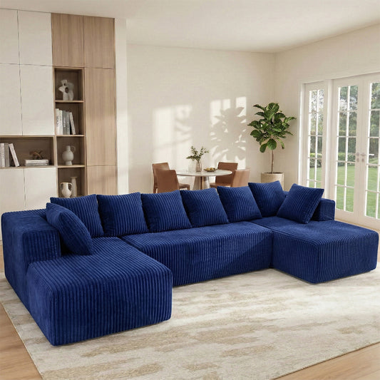 Blue Velvet Modular Corner Sofa 130" Large U-Shape 6-Seater – Soft Indoor Compression Sofa