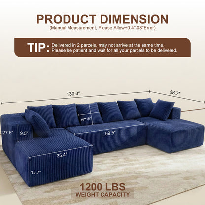 Blue Velvet Modular Corner Sofa 130" Large U-Shape 6-Seater – Soft Indoor Compression Sofa