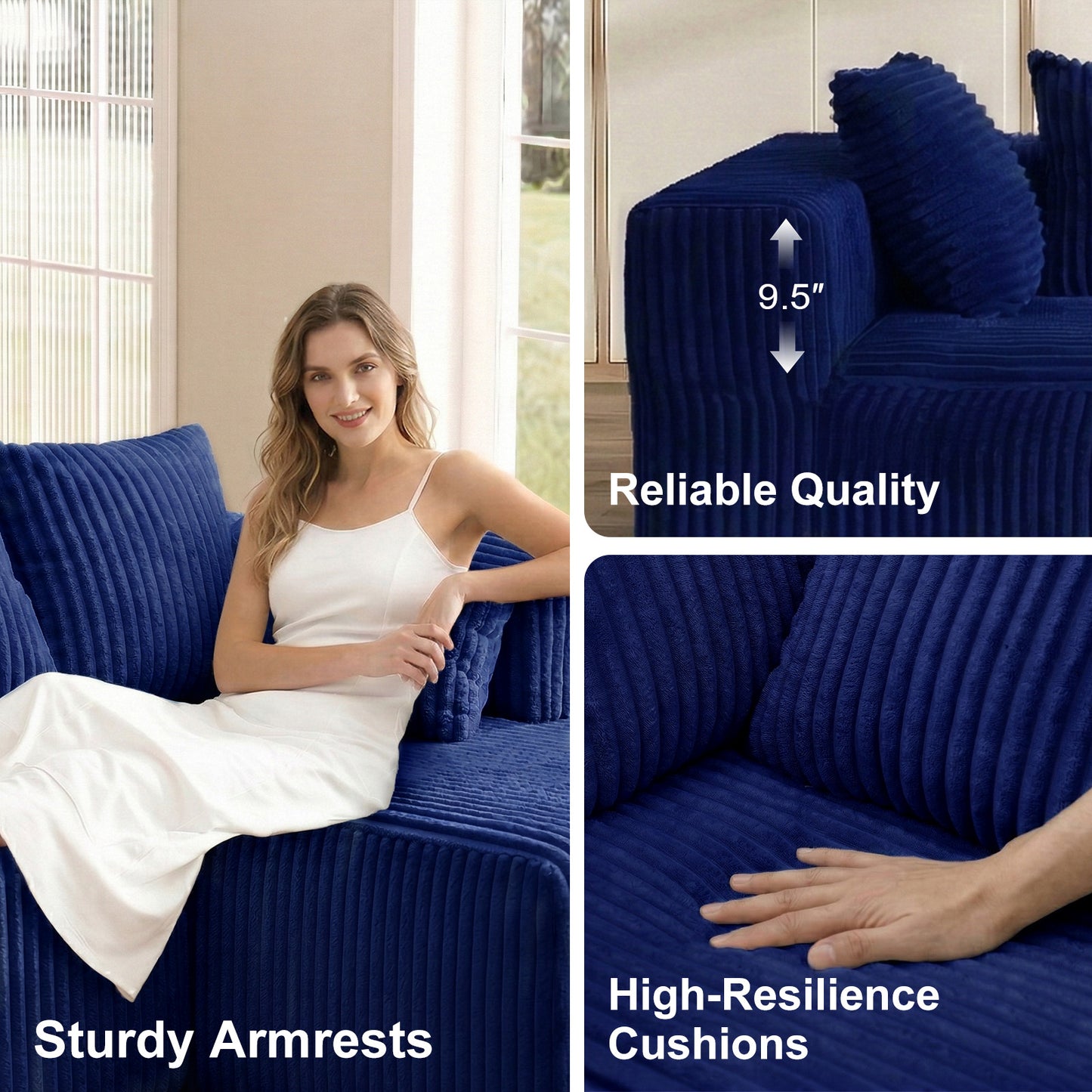 Blue Velvet Modular Corner Sofa 130" Large U-Shape 6-Seater – Soft Indoor Compression Sofa