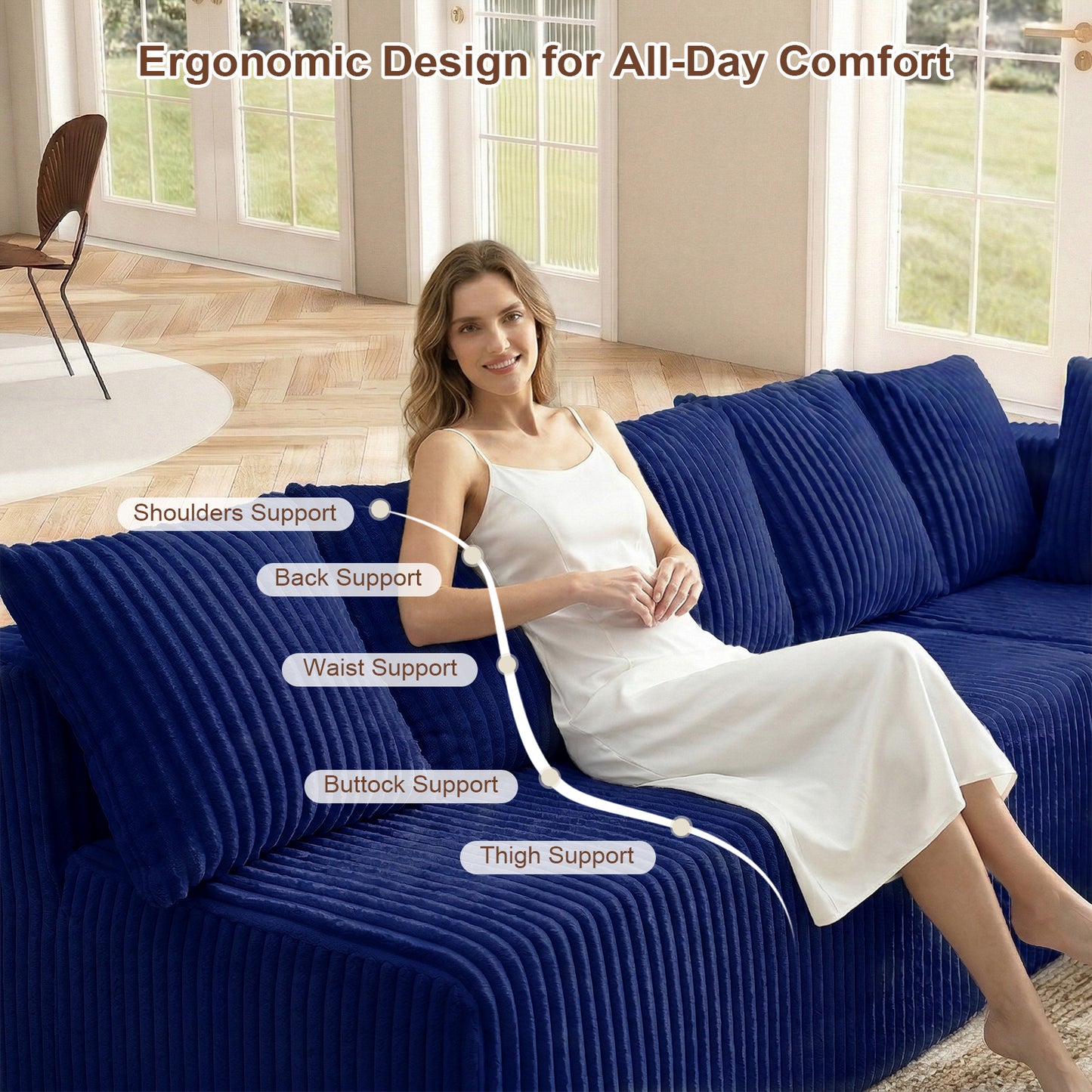 Blue Velvet Modular Corner Sofa 130" Large U-Shape 6-Seater – Soft Indoor Compression Sofa