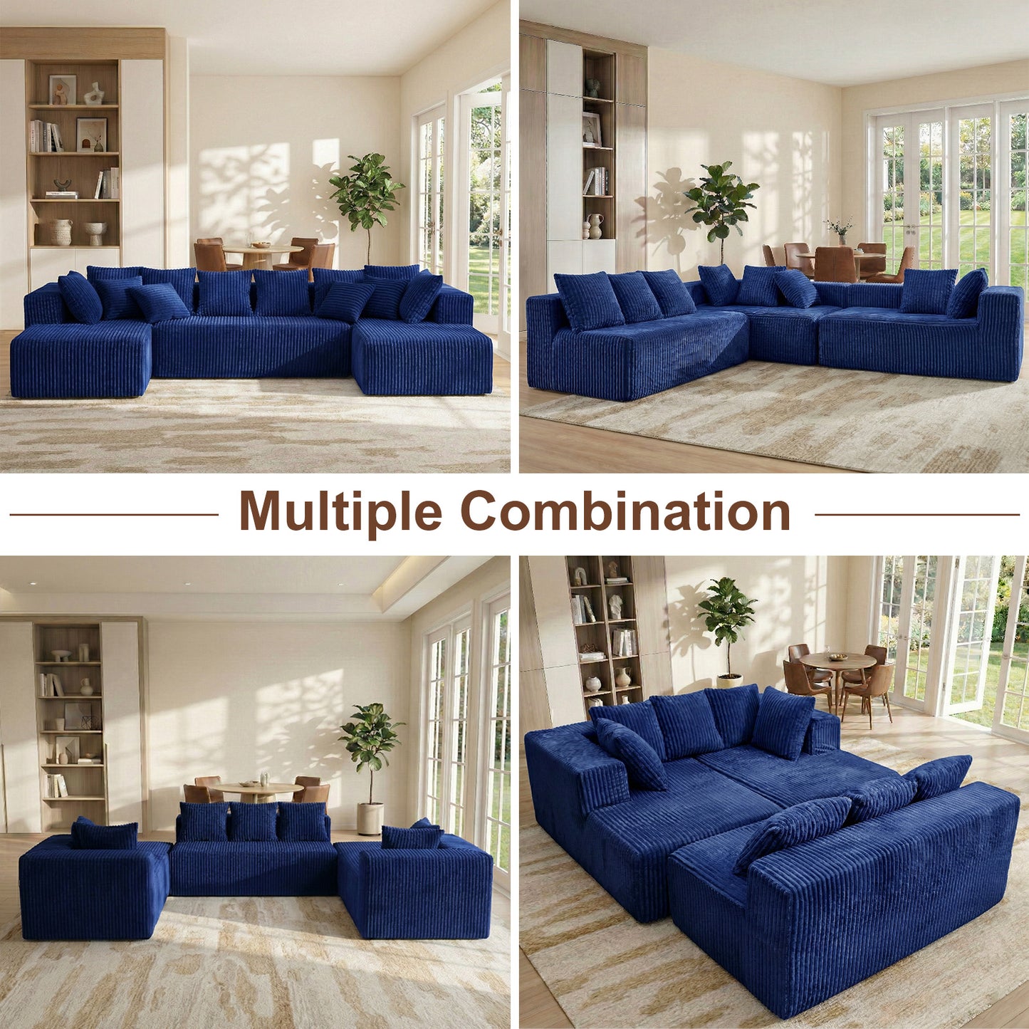 Blue Velvet Modular Corner Sofa 130" Large U-Shape 6-Seater – Soft Indoor Compression Sofa