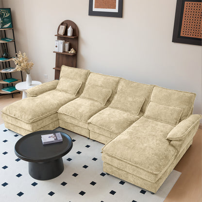 Khaki Chenille Modular Sectional Sofa – U-Shape, 4-Seat, Free-Combination Living Room Couch