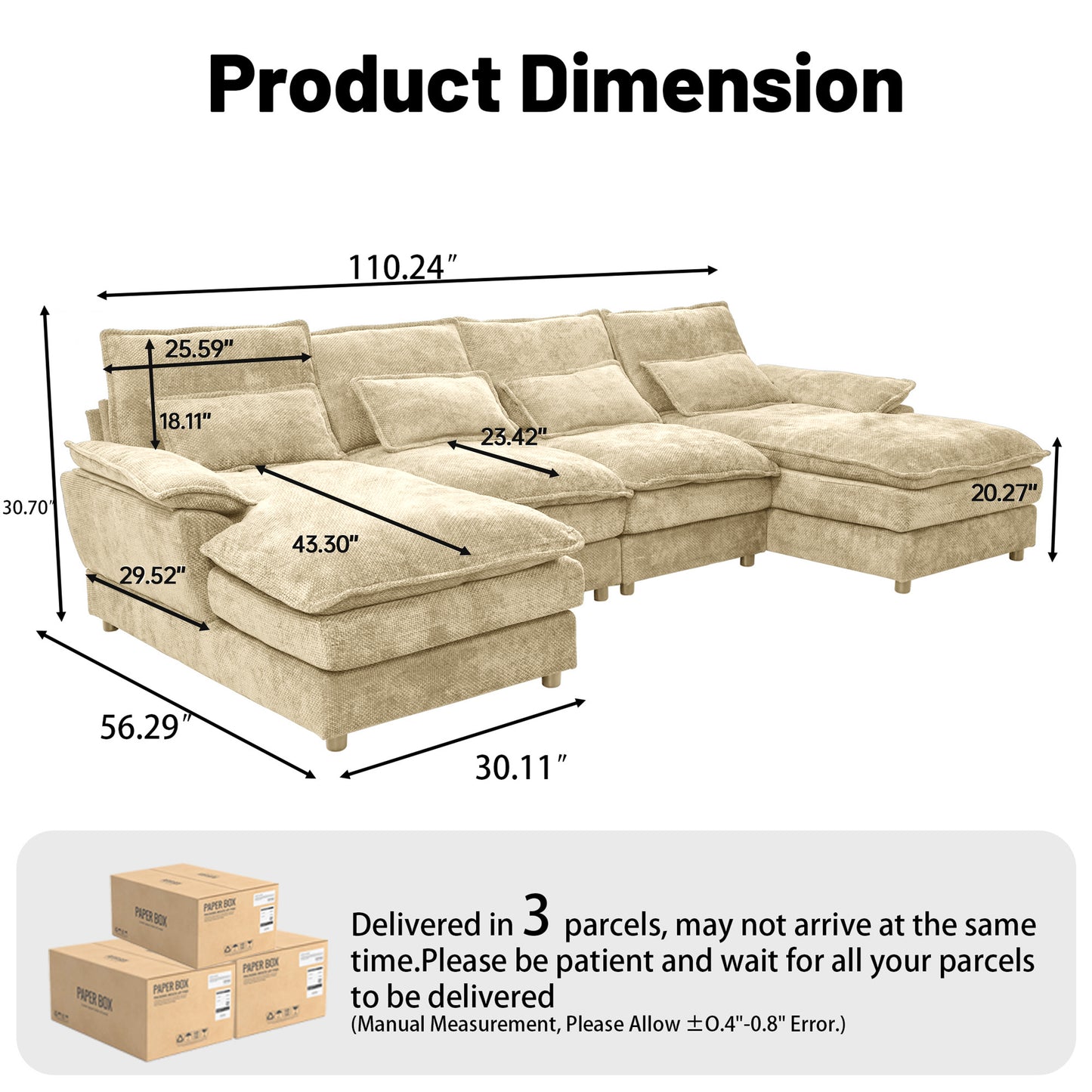 Khaki Chenille Modular Sectional Sofa – U-Shape, 4-Seat, Free-Combination Living Room Couch