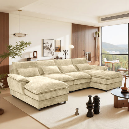 Khaki Chenille Modular Sectional Sofa – U-Shape, 4-Seat, Free-Combination Living Room Couch