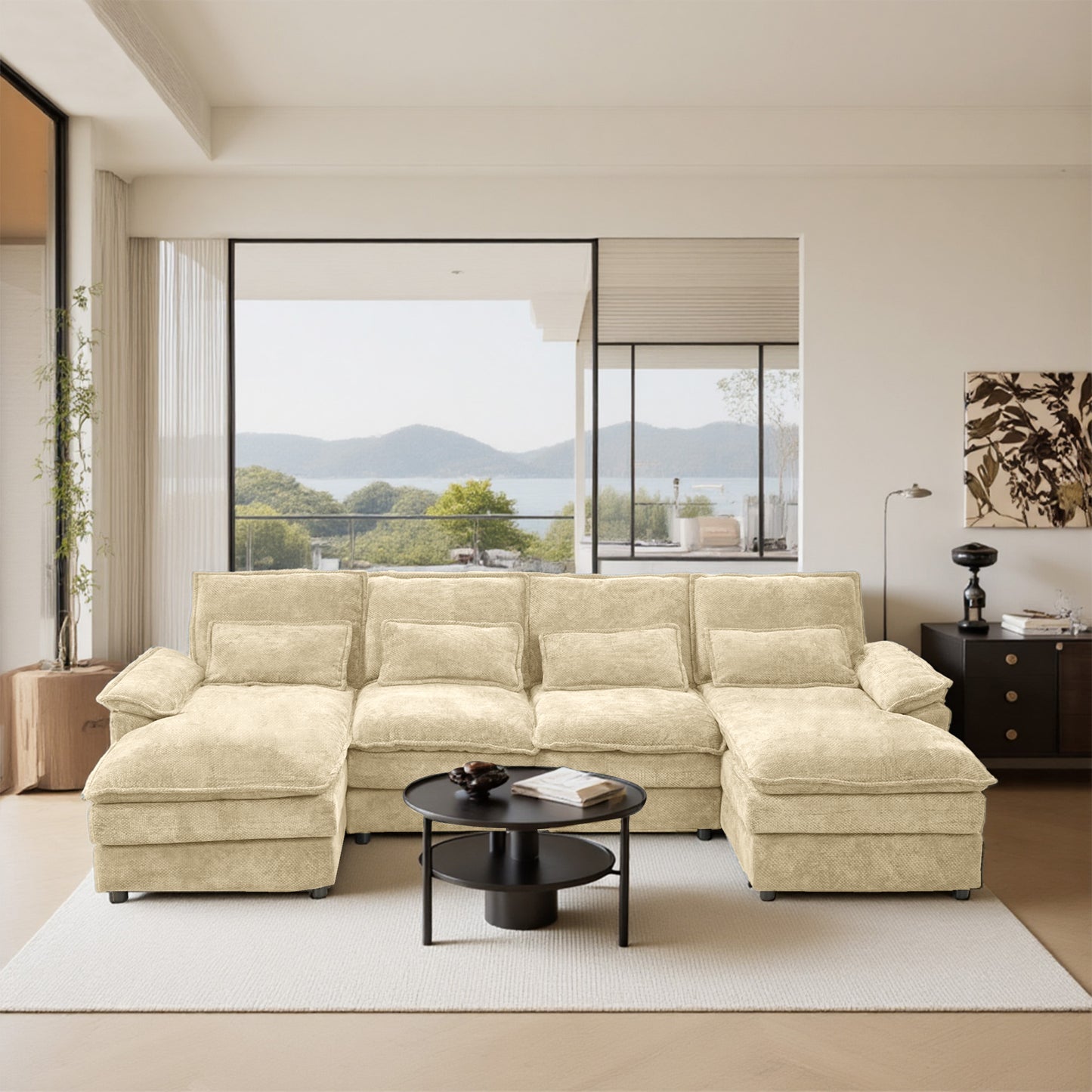 Khaki Chenille Modular Sectional Sofa – U-Shape, 4-Seat, Free-Combination Living Room Couch