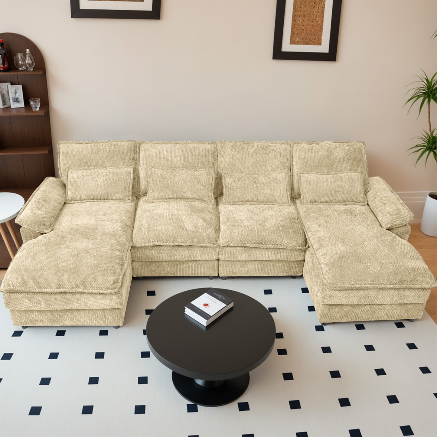 Khaki Chenille Modular Sectional Sofa – U-Shape, 4-Seat, Free-Combination Living Room Couch