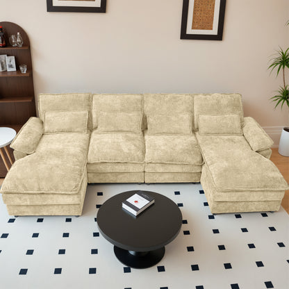 Khaki Chenille Modular Sectional Sofa – U-Shape, 4-Seat, Free-Combination Living Room Couch