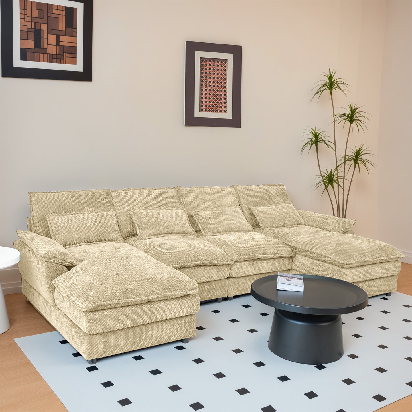 Khaki Chenille Modular Sectional Sofa – U-Shape, 4-Seat, Free-Combination Living Room Couch