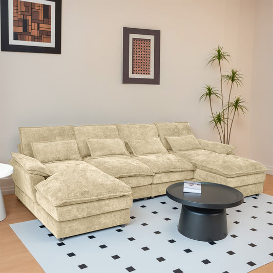 Khaki Chenille Modular Sectional Sofa – U-Shape, 4-Seat, Free-Combination Living Room Couch